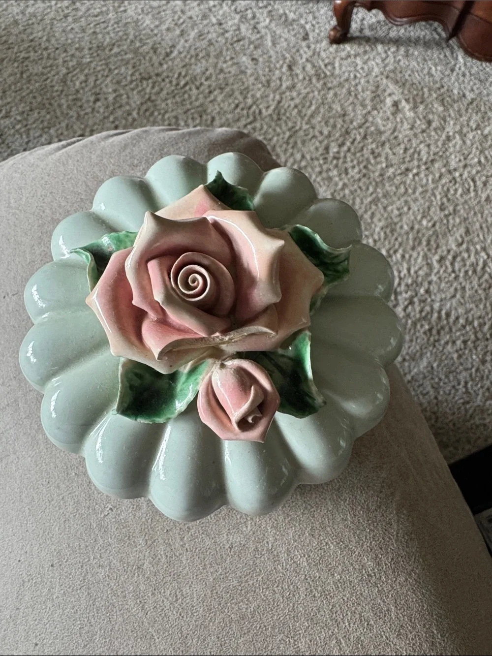 Vintage Rose Mint Trinket Porcelain Jewelry Holder GUC -Small Flaw